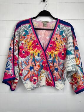 Flying Tomato Floral Faux Wrap Kimono Crop Top Boho V-Neck Blouse Size S